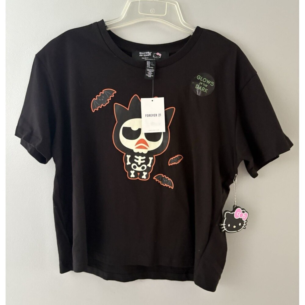 Hello Kitty Friends Forever 21 Halloween PJ Top M Black Glows in Dark Skeleton